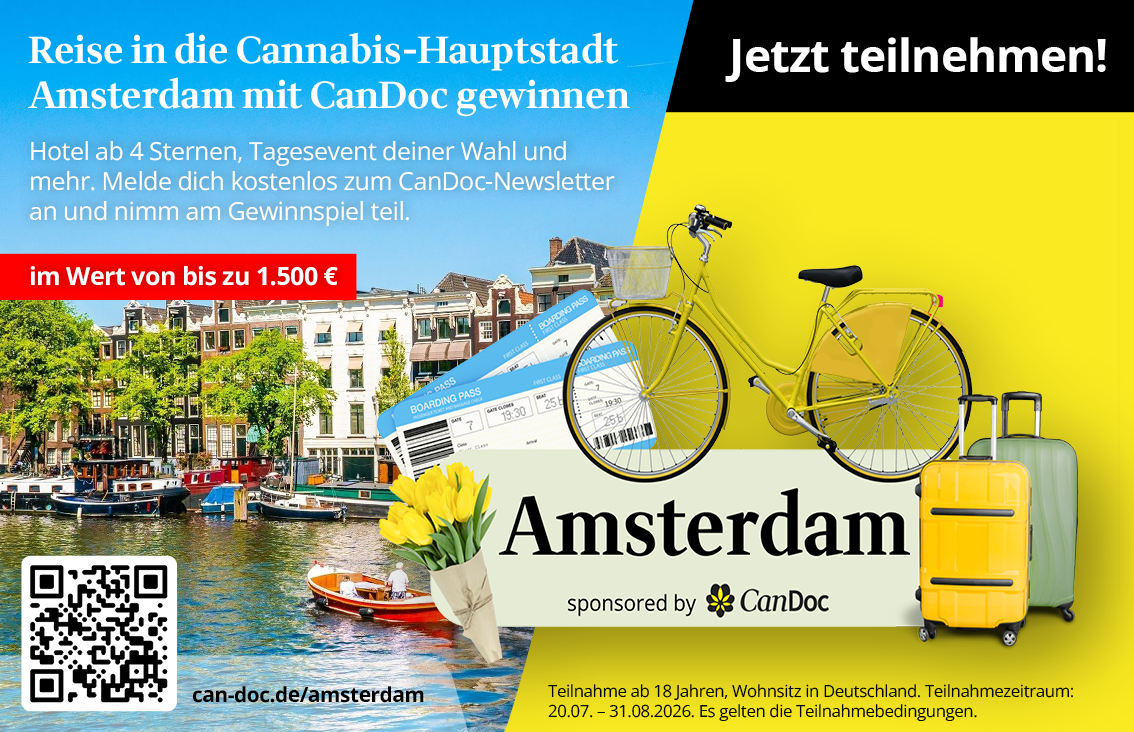 Reise in die Cannabis-Hauptstadt Amsterdam mit CanDoc gewinnen Hotel ab 4 Sternen, Tagesevent deiner Wahl und mehr. Melde dich kostenlos zum CanDoc-Newsletter an und nimm am Gewinnspiel teil. im Wert von bis zu 1.500 €. Jetzt teilnehmen!