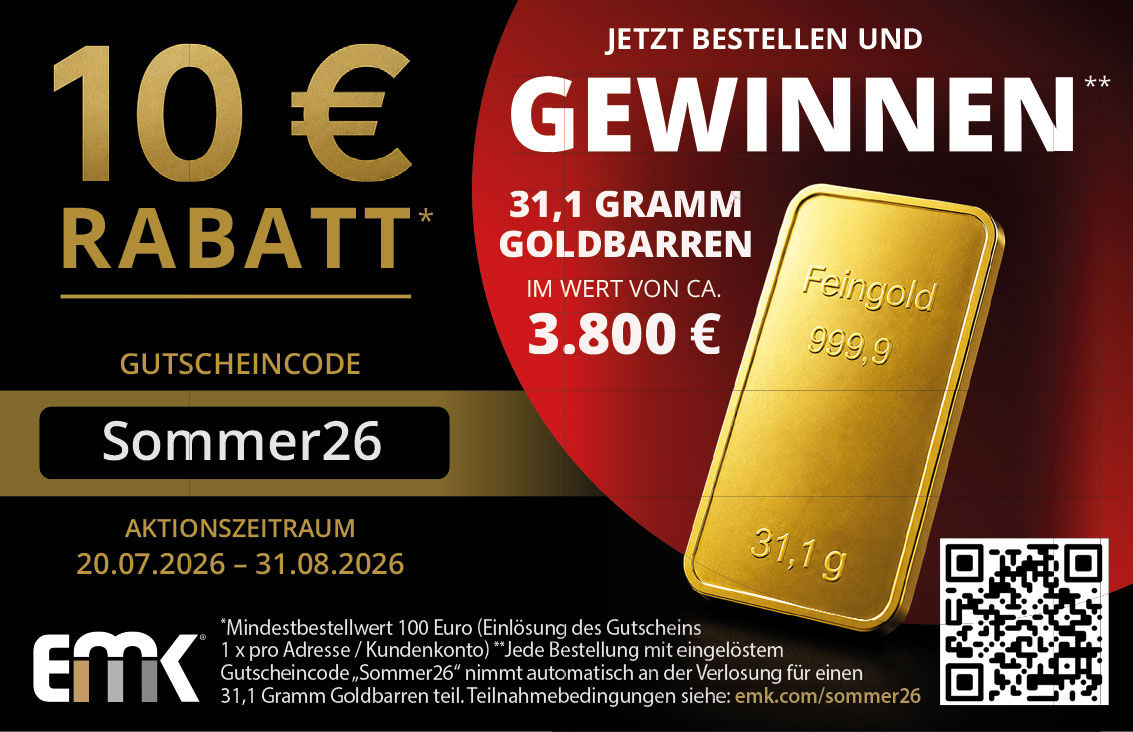 10 € RABATT | JETZT BESTELLEN UND GEWINNEN | 31,1 GRAMM GOLDBARREN IM WERT VON CA. 3.800 € Feingold 999,9