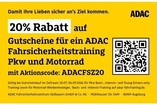 20% Rabatt auf Gutscheine für ein ADAC Fahrsicherheitstraining Pkw und Motorrad