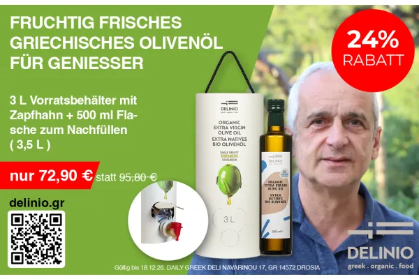 24% RABATT | FRUCHTIG FRISCHES GRIECHISCHES OLIVENÖL FÜR GENIESSER | 3L Vorratsbehälter mit Zapfhahn + 500 ml Flasche zum Nachfüllen (3,5 L)