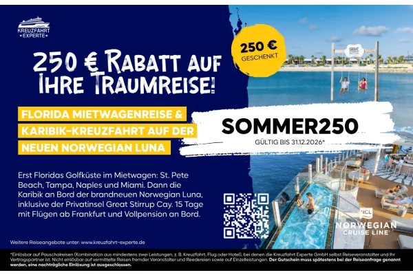 250 € KABATT AUF İHRE TRAUMREISE! FLORIDA MIETWAGENREISE & KARIBIK-KREUZFAHRT AUF DER NEUEN NORWEGIAN LUNA|