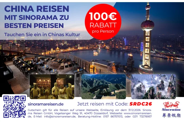 100€ RABATT pro Person | CHINA REISEN MIT SINORAMA ZU BESTEN PREISEN | Tauchen Sie ein in Chinas Kultur