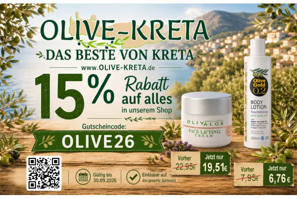 15% Rabatt auf alles in unserem Shop | OLIVE-KRETA DAS | BESTE VON KRETA
