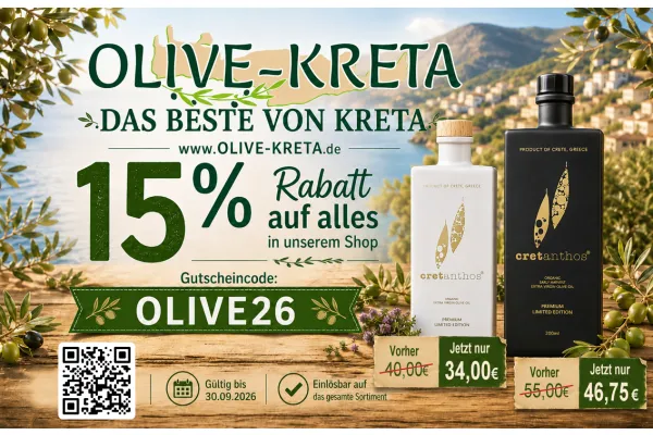 15% Rabatt auf alles in unserem Shop | OLIVE-KRETA  | DAS BESTE VON KRETA