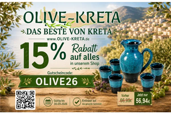 15% Rabatt auf alles in unserem Shop | OLIVE-KRETA DAS | BESTE VON KRETA