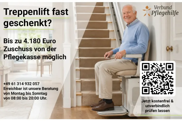Treppenlift fast geschenkt? | Bis zu 4.180 Euro Zuschuss von der Pflegekasse möglich | Jetzt kostenfrei & unverbindlich prüfen lassen