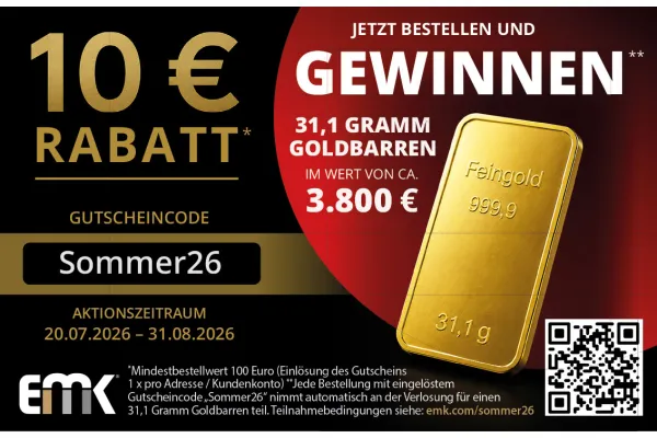 10 € RABATT | JETZT BESTELLEN UND GEWINNEN | 31,1 GRAMM GOLDBARREN IM WERT VON CA. 3.800 € Feingold 999,9