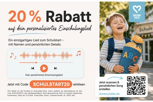 20% Rabatt auf dein personalisiertes Einschulungslied | Ein einzigartiges Lied zum Schulstart - mit Namen und persönlichen Details | Jetzt scannen &amp; persönlichen Song erstellen