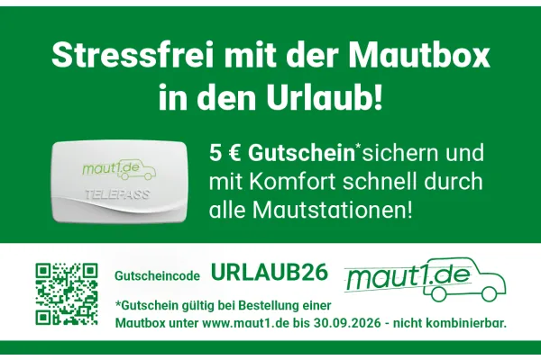 Stressfrei mit der Mautbox in den Urlaub! 5 € Gutschein* sichern und mit Komfort schnell durch alle Mautstationen!