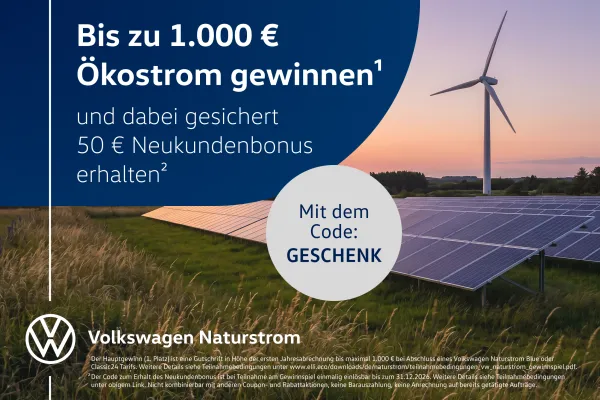 Bis zu 1.000 € Ökostrom gewinnen und dabei gesichert 50 € Neukundenbonus erhalten? Mit dem Code: GESCHENK