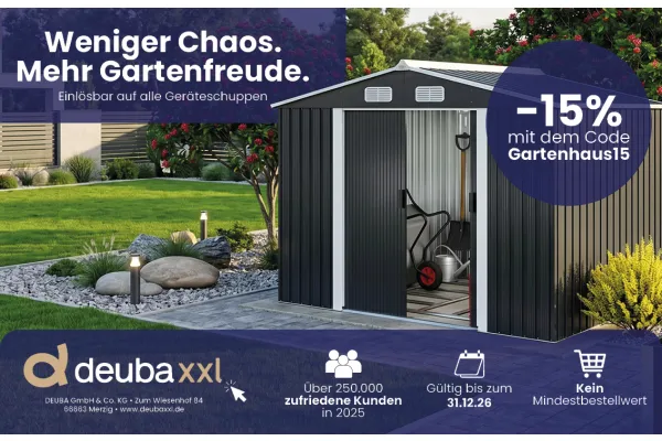 -15% RABATT | Weniger Chaos. Mehr Gartenfreude. Einlösbar auf alle Geräteschuppen